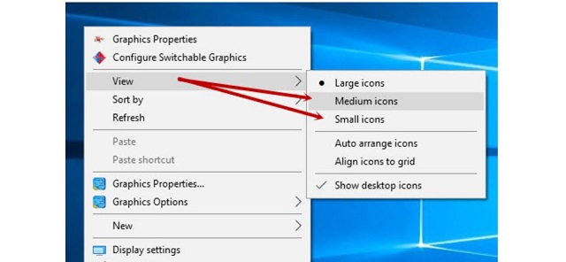  Sử dụng tính năng sẵn có trong menu chuột để thay đổi kích cỡ của icon Desktop 